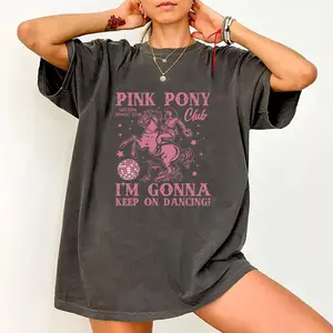 Pink Pony Club Tshirt, Ladies Clothes for Summer, Women's Slogan Print Round Neck Graphic Tee, For Daily Wear, Ladies Trenndy Summer Clothes, Vacation Outfits