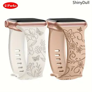 2-Pack Floral Engraved Silicone Apple Watch Bands – Sport Strap 38–49mm (Series 1–11, SE, Ultra / Ultra 2)