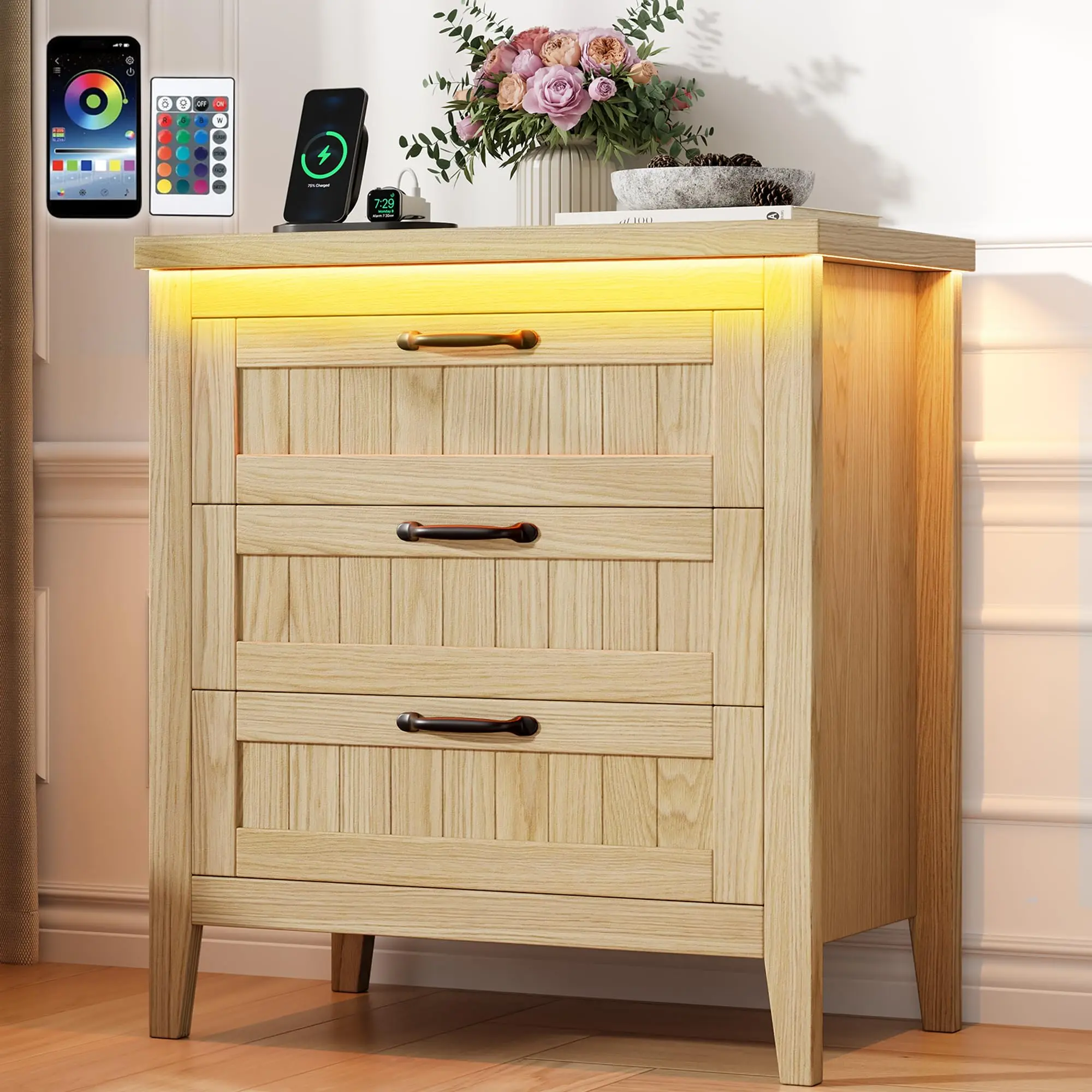 Modern Dresser with Power Outlet and LED Light, 6 Drawer Dresser with USB C and AC Outlets, RGB Multicolor Lighting Chest of Drawers for Bedroom Living Room Closet Entryway Storage Cabinet Organizer