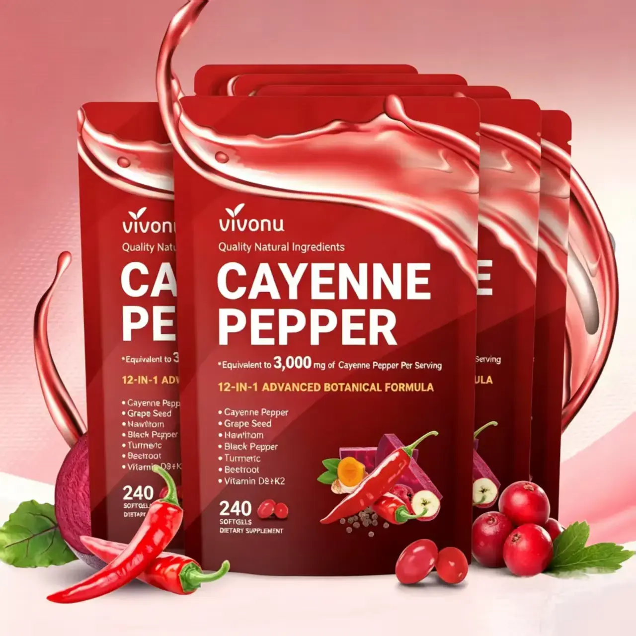 VivoNu Cayenne Pepper Softgels Supplement,Supports Leg Vein, Heart and Blood Vessel Health,with Vitamin E D3+K2 and Extracts of Grape Seed,Hawthorn, Beetroot and Others (240 Softge /1Bag) SummerVibes