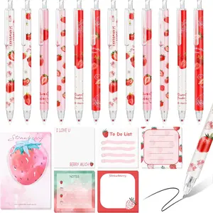 Valentine Day Gift 18 Pieces Strawberry Print Stuff, 12 Strawberry Pens and Notes Gifts with 6 Styles, Aesthetic Pens, for Office Supplies
