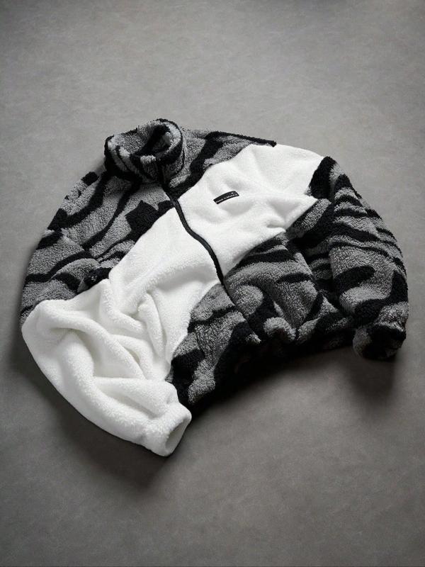 Men's Loose Tribal Pattern Fleece Jacket, Warm Thick Lamb Fur Coat, Camo Print, High Neck Full Zip Outerwear, Winter Street Style