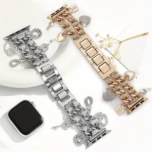 New Apple Watch Band for Women, Fashionable Dual Chain Leather Strap with Keychain Heart Pendant, Fits Iwatch 38-49mm, Perfect Gift