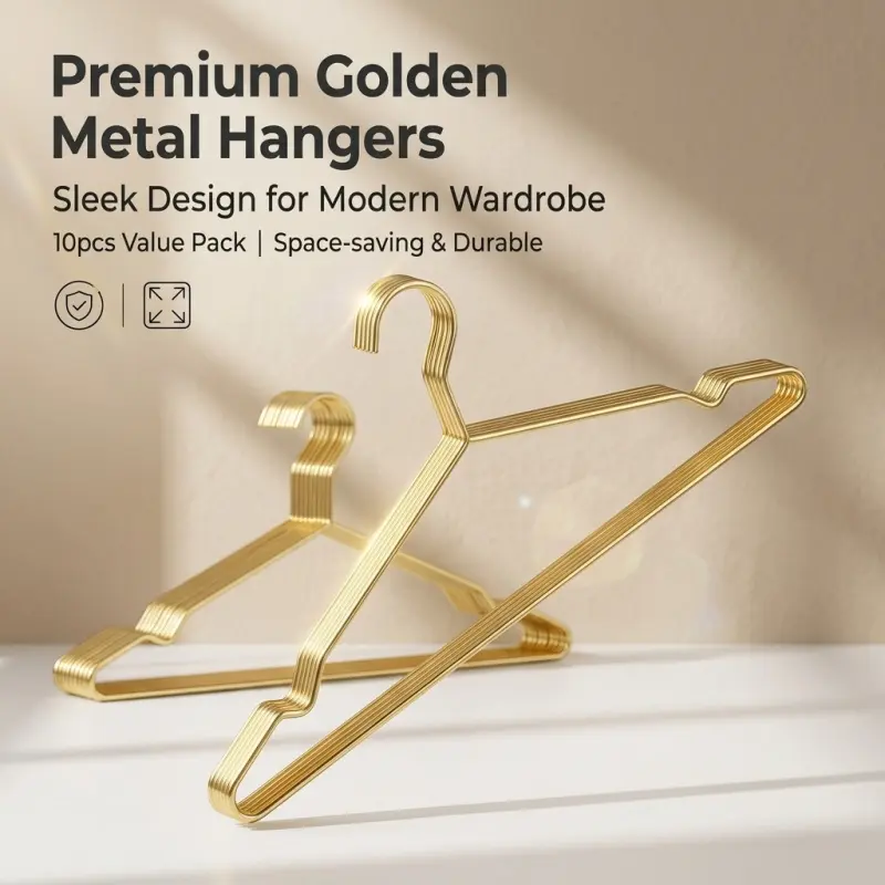 10pcs Gold Metal Clothes Hangers, Sleek Design, Non-Slip, Heavy-Duty & Durable Wire Hangers, Space-Saving Coat Hangers for Closet, Shirts, Pants & Wardrobe Organization