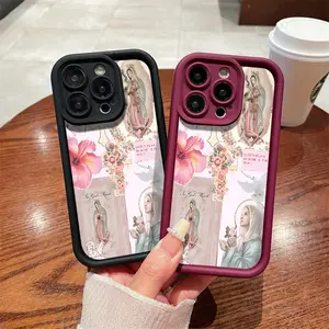Virgin Mary Pattern Phone Case , Soft Silicone , Fully Protected and Shockproof For iPhone 17 16 15 Pro Max 14 16Pro 13 12 11 XSMAX Plus Pink Trendy Girl