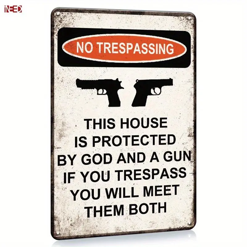 No Trespassing This House Is Protected Sign, 1/20Pcs Rust Free Weatherproof Wall Sign, Wall Art Home Office Decor For Home Garden Yard Farm House, Decoration Items, Vintage Metal Sign, Vintage Plaque Decor, Home Decor Products