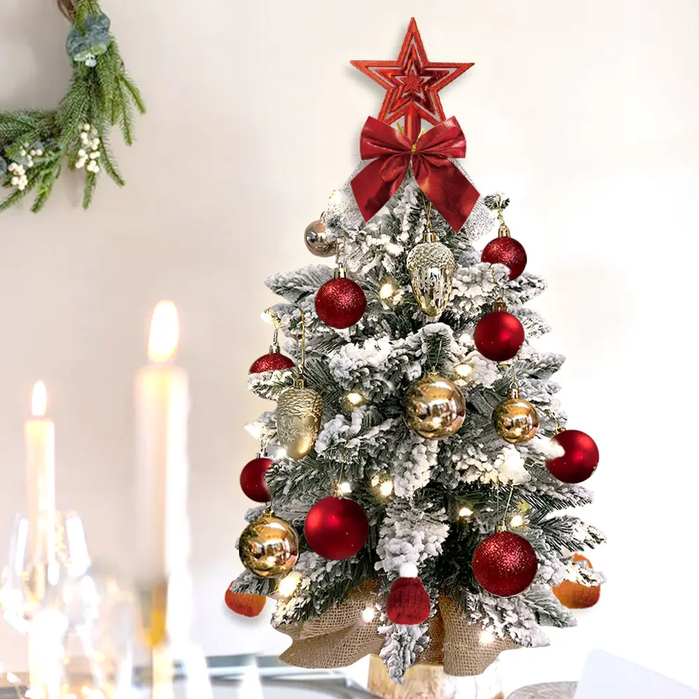 22in Mini Christmas Tree with Light Artificial Small Tabletop Xmas Tree with Christmas Decoration, Table Top Arbol de Navidad with Flocked Snow, Exquisite Decor for Home Apartment Office Desk