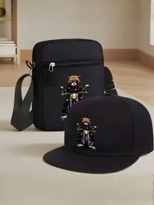 Bear Motorcycle Pattern Print Unisex Baseball Cap and Crossbody Bag Set, Street Fashion Outdoor Sports Hat and versatile shoulder bag, Adjustable Gift