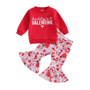 Baby Girl Valentine’s Day Outfit – Long Sleeve Sweatshirt & Cartoon Flare Pants Set