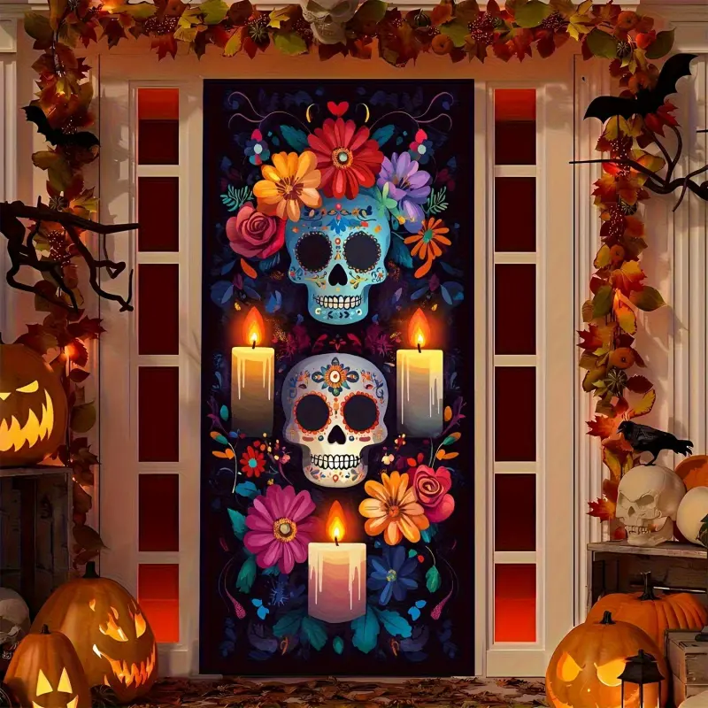 Extra Large Halloween Day of the Dead Polyester Tapestry - Sturdy, Durable Banner with Hand-Peached Ornaments & Flowers, Double-Sided Double-Taped, Fade-Resistant, Hand-Washable Religious Art Wall Hanging Home Decor Gift for Colleagues