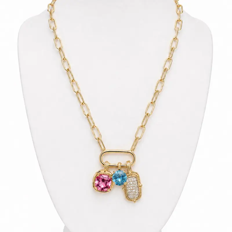 Pink & Blue CZ Charm Necklace, Women’s Jewelry, Daily Wear, Fashion Accessories