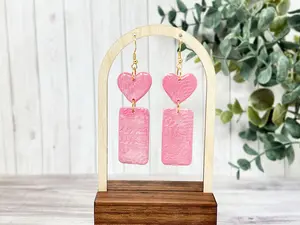Pastel Pink Romantic Rectangle Earrings- Spring Fling | Handmade Polymer Clay Jewelry | Shimmery Statement Long Chunky Textured Pattern