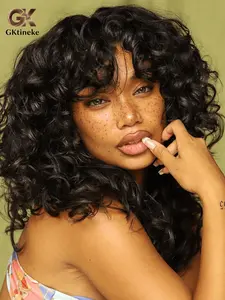 Gktineke Curly Wig for Black Women Curly Wigs with Bangs 18 Inch Brown Curly Afro Synthetic Wig for Cosplay and Daily