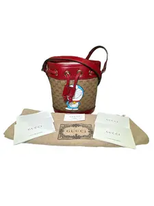 Pre-owned GUCCI canvas Crossbody Bags Limited Edition Mini GG Supreme Bucket Bag Shoulder Brown Red