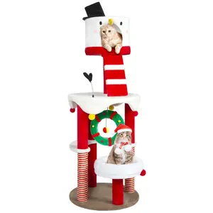 (34”-88.6″ H) Christmas Cat Tree with Cozy Bed, Holiday Cat Tower with Scratching Posts, Plush Cat Playground for Indoor Cats, Red and White
