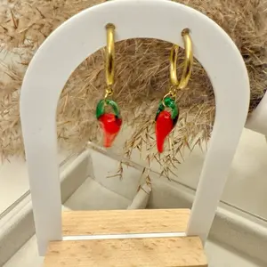 Chile Huggies Earrings - Gold Hoop with Red & Green Chili Pepper Dangles for Festive Style