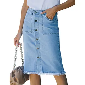 Luvamia Women's Midi Skirt Casual Mid Rise Button Down Frayed Raw Hem Denim Jean Fitted Bottoms Basic Minimalist Ocean Aqua Blues