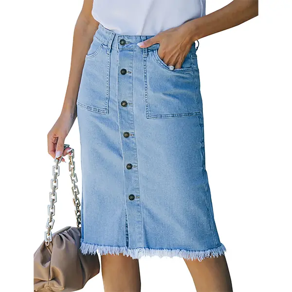 Luvamia Women's Midi Skirt Casual Mid Rise Button Down Frayed Raw Hem Denim Jean Fitted Bottoms Basic Minimalist Ocean Aqua Blues