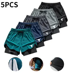 Men’s 5-Pack Double-Layer Running/Basketball Shorts – Breathable Summer Fitness Wear, Loose Casual Quick-Dry Knee-Length