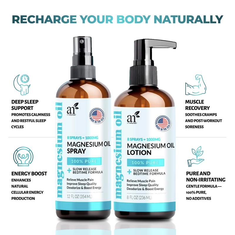 ArtNaturals Magnesium Oil Spray 12 oz + Body Massage Lotion Set 8oz for Feet & Sleep - Extra Strength Cream Ultra-Pure, Relief & Relaxation, Muscle Health Leg & Joint Care Topical Non Itch