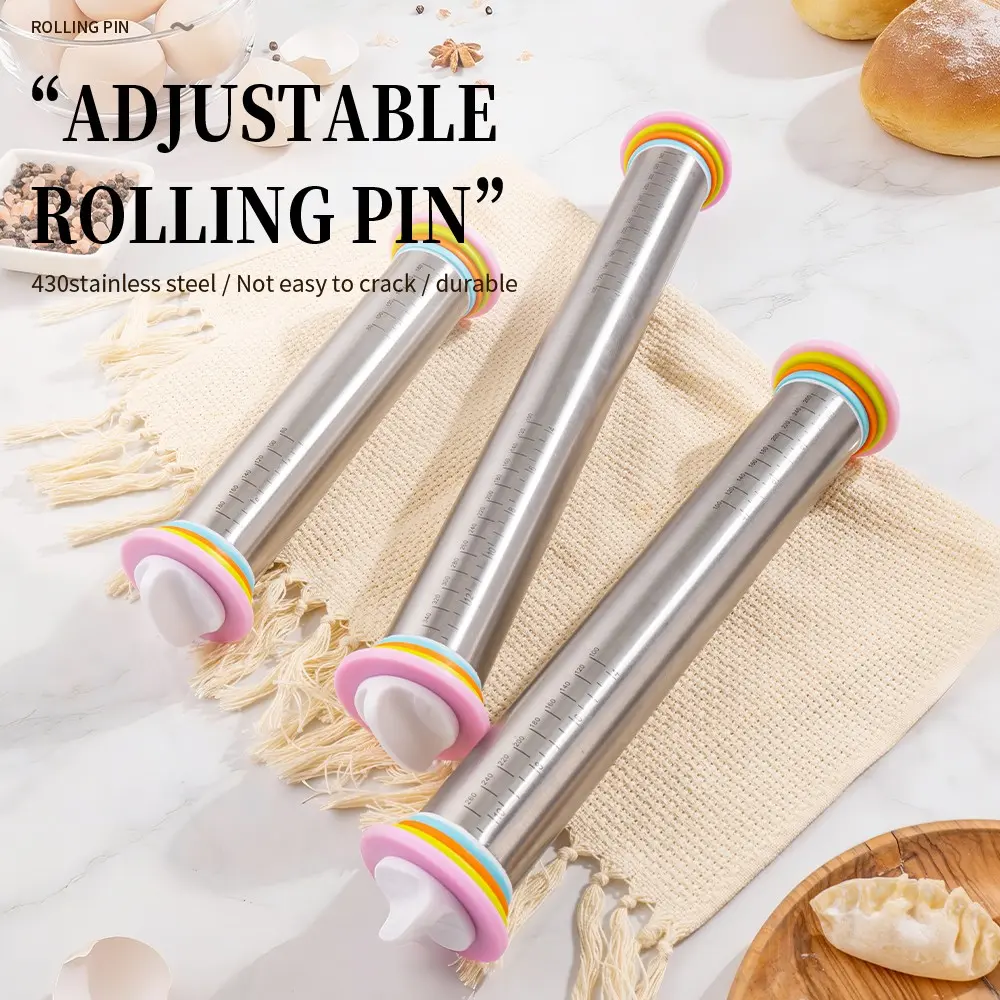11/14/17 Inch Adjustable 430 Stainless Steel Rolling Pin for Baking, Perfect Dough Thickness with Measurement Scale, Essential Kitchen Tool, Baking Tools, Baking Utensils, Baking Supplies