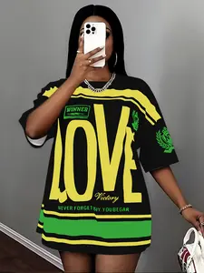 Plus Size Love Print Loose Fit T-Shirt, Street Style Casual Women's Top, Daily Wear, Street Fashion, Music Festival