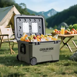 JEKO&JEKO 60QT Portable Wheeled Cooler with Ice Packs, Long Insulated Ice Chest with Dual Latches, Cup Holders, Bottle Opener & Drain Valve, Ideal for Camping, Fishing, Picnic, Beach