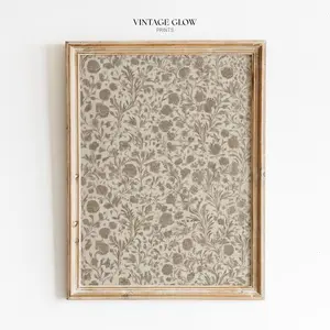 Rustic Vintage Floral Print  Antique Beige Brown Farmhouse Pattern Wall Art1 - (Unframe)