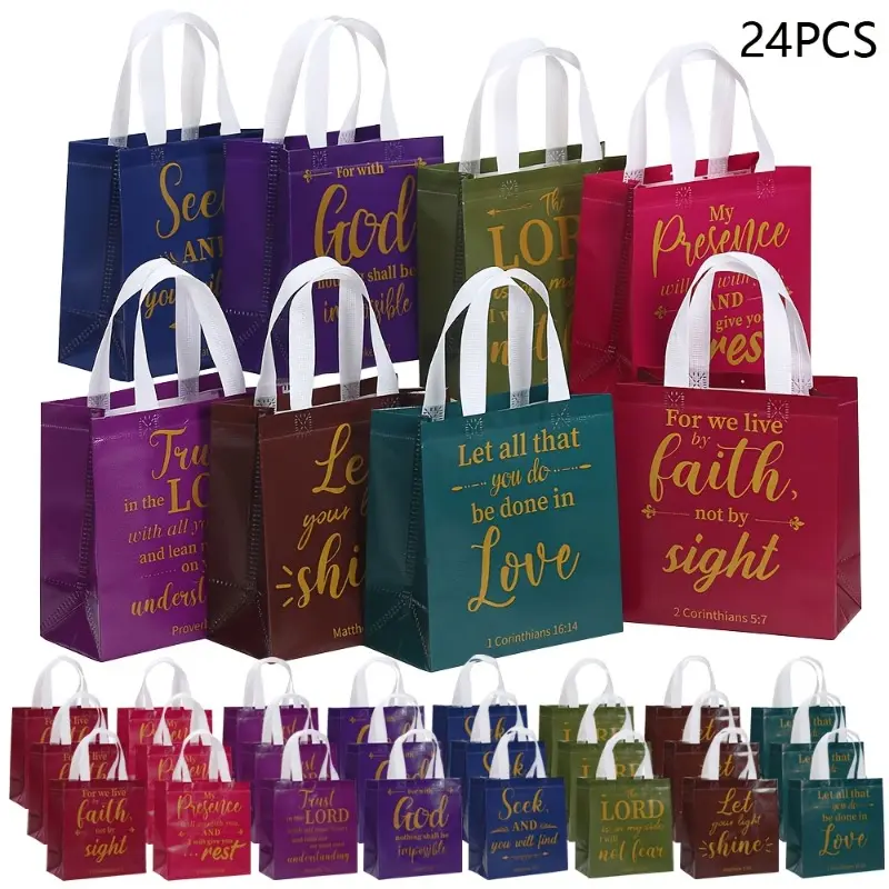 【Multi functional tote bag】24pcs Inspirational Scripture Printed Non-Woven Tote Bags, Shopping Totes, Durable Polypropylene Gift Bags, Reusable Shopping Bags with Handles, for Christian Baptism, Wedding, and Birthday Party Favors, Bridal Shower Gift