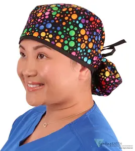 Big Hair Ponytail Surgical Scrub Cap - Perfect Scrub Cap for Long Hair - Multi Color Dots with Black Ties