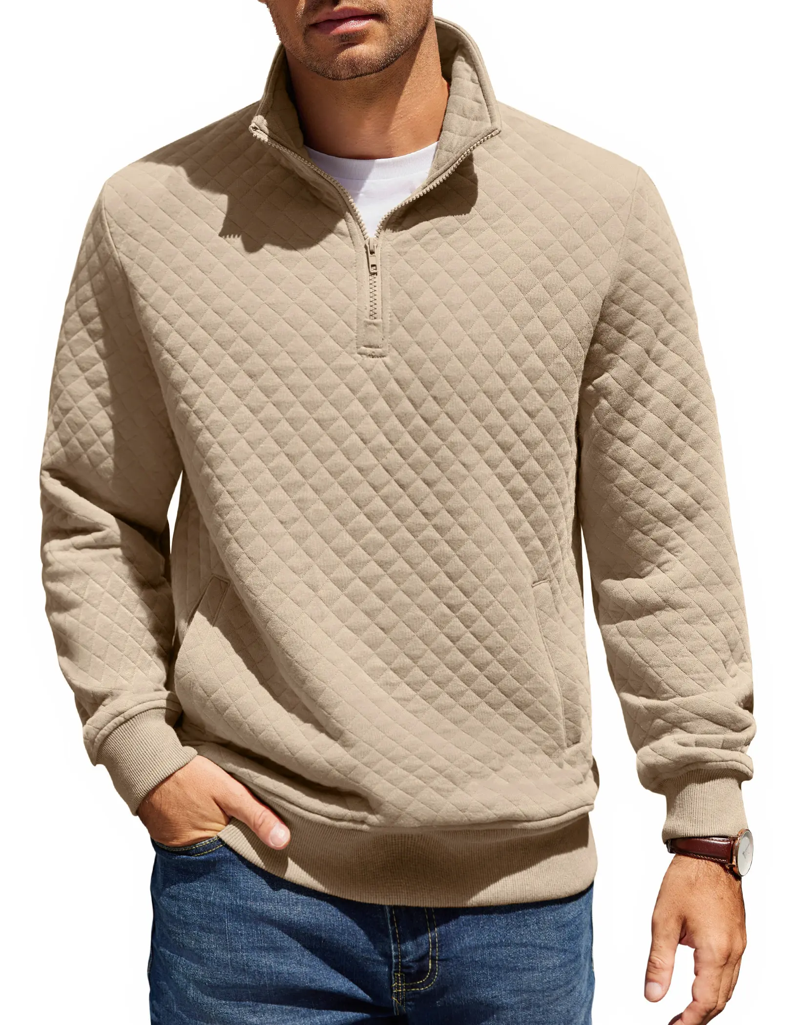 COOFANDY Menswear Quarter-Zip Pullover - Ribbed Mock Neck, Quilted Polyester Fabric Long-Sleeve Top with Kangaroo Pocket, Tops, Classic, Knitwear, Basic, Zipper, Casual, Sweater, Shirts, Boyfriend, Party, Soft