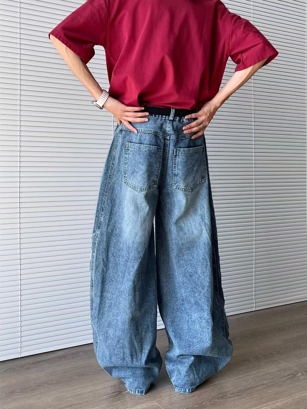 Men'S Side Stripe Curved Scimitar Jeans, Summer American Retro Loose Casual Washed Deconstructed Distressed Wide Leg Pants