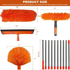 1Set 20+ Feet High Reach Duster Kit with 3-14 ft Extension Pole // High Ceiling Dusting and Window Cleaning Kit with Spliceable Pole - Window Washer & Squeegee, Cobweb Duster, Fan Blade and Feather Dusters