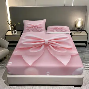 Valentine's Day Sweet Bow Bedding Set, 3D Bow Design, Includes 1 Fitted Sheet & 2 Pillowcases, No Pillow Inserts Included