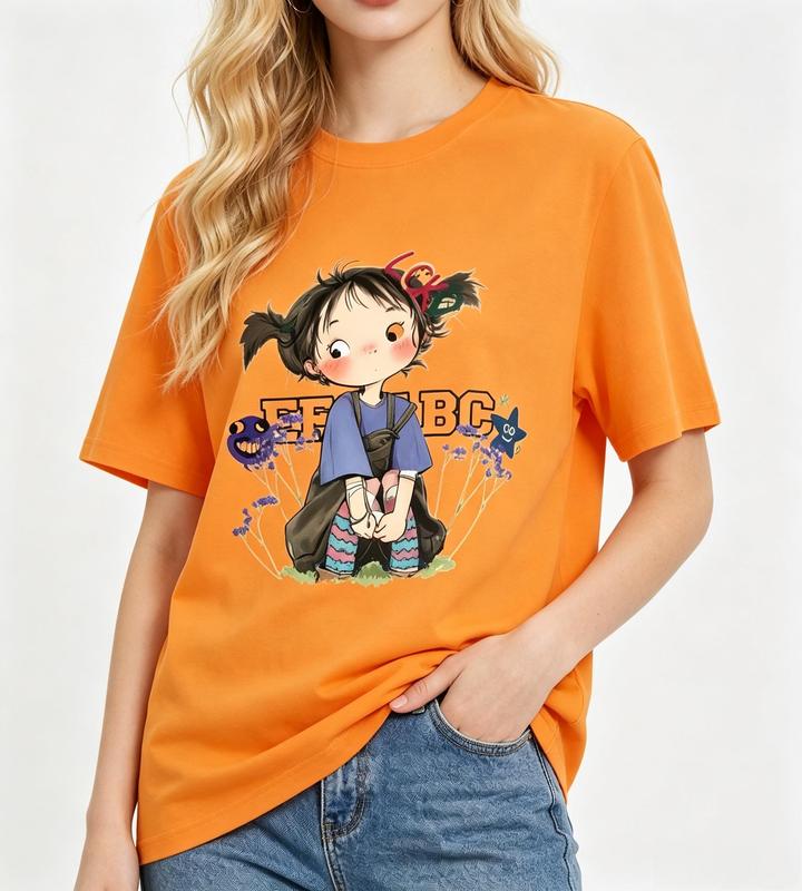 Women's Oversized Orange Cartoon Girl Print T-Shirt - Kawaii Floral Graphic, Short Sleeve, Breathable Durable Cotton Fabric, Y2K Aesthetic Streetwear, Summer Casual Top, Keeps You Fresh, Tshirt