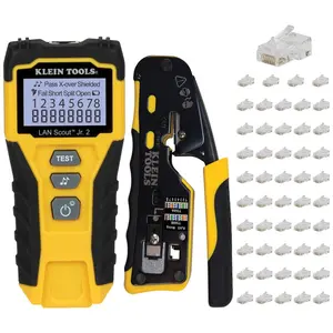 Klein Tools 80072 RJ45 Cable Tester Kit with LAN Scout Jr. 2, Coax Crimper/Stripper/Cutter Tool and 50-Pack Pass-Thru Modular Data Plugs