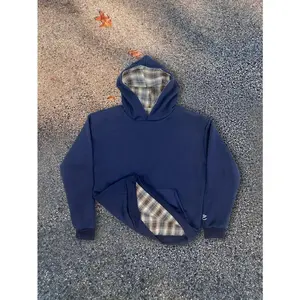 Y2K Retro Unisex Hoodie - Navy & Plaid Checkered Design, Front & Back Print, Long Sleeve Pullover for Women & Men, All-Season Casual Streetwear Menswear Sweatshirts