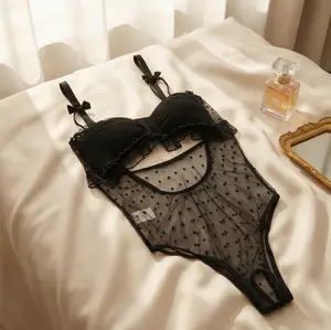 SILIX Elegant Black Bodysuit | Breathable | Form-Fitting | Dotted Mesh | Cutout | Summer Women Sleepwear