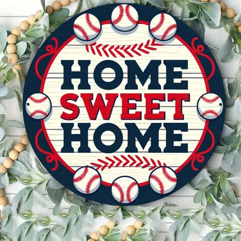 Aluminum 8x8 Inch Round Baseball Wreath Wall Art Sign Vintage Home Decor for Man Cave Bar Garage