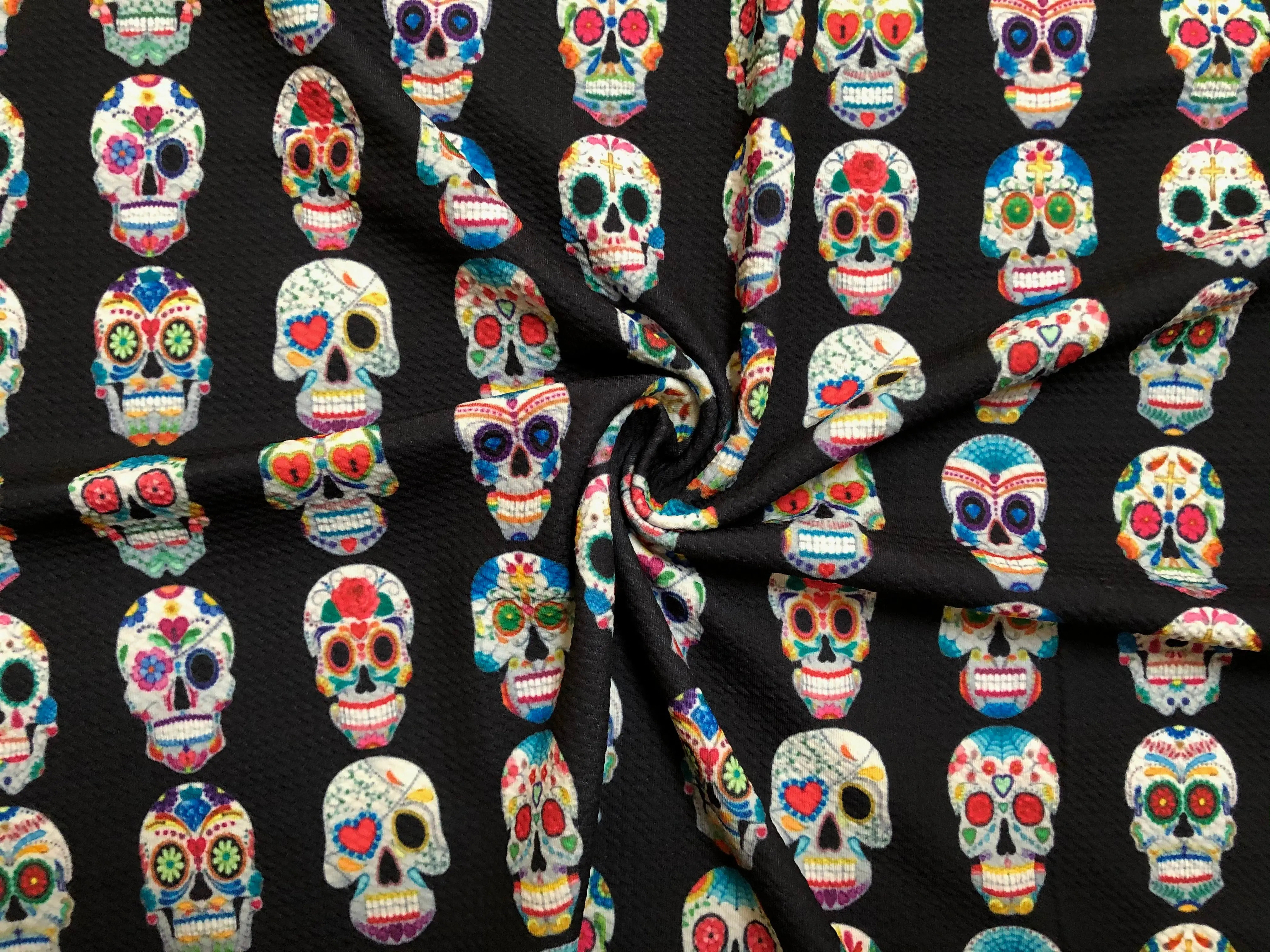 Black Sugar Skull Bullet Knit Fabric – Textured 4 Way Stretch, 58" Wide, 200 GSM – By the Yard