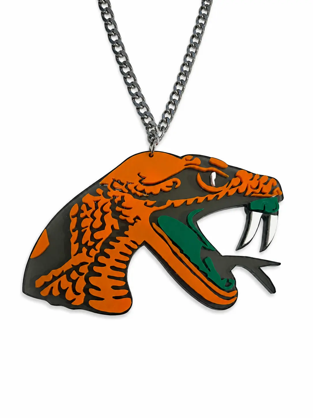 Custom Acrylic Snake Fan Chain – Orange & Green Sports Pendant Necklace