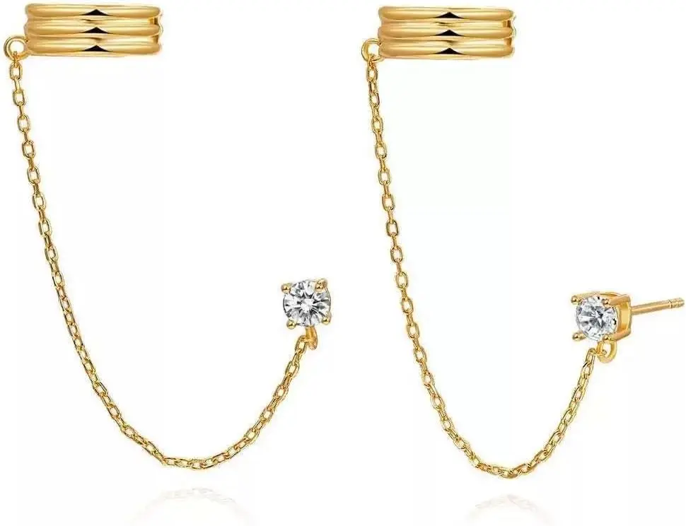 Ear Cuff 14k Dainty Gold/Silver Double Chain Earrings Tassel Drop Dangle Small Hoop Clip Earrings, Chain Climber Crawler Earrings for Women Cartilage Double Cuff Gifts Bff Birthday