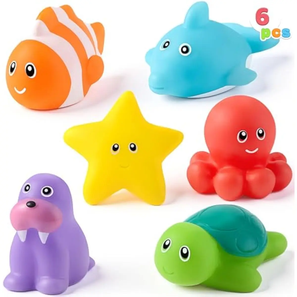 6 Pcs Sea Animal Bath Toys, Sealed & No-Hole & Mold Free Bathtub Toys for Kids, Non-Toxic & Soft Water Vehicles Toys, Squeezable & Float on Water, Bath & Pool Play for Boys and Girls