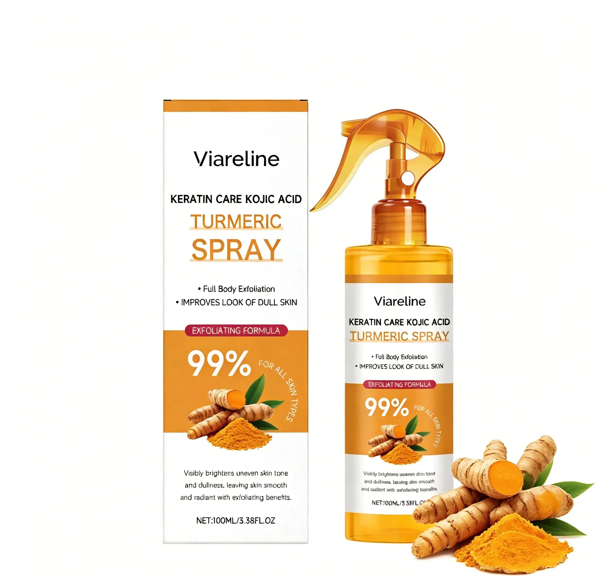 Viareline Turmeric Kojic Acid Exfoliating Spray - 3.38FL.OZ Lightweight Gentle Non-Sticky Daily Facial Cleansing Spray for Women's Rough Dry Skin, Smooth Spray with Squeeze Application