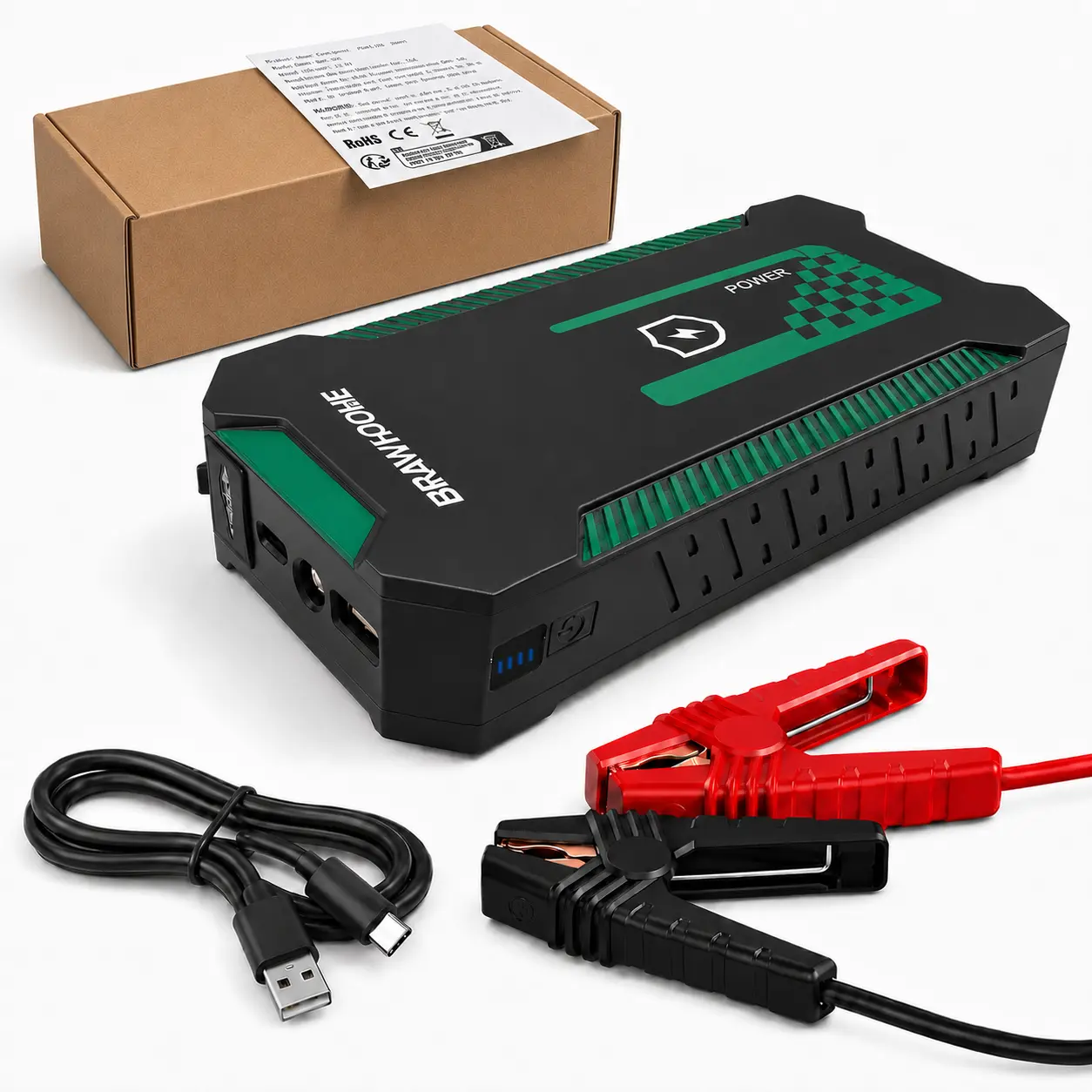 KEBE-601 12V Car Jump Starter, Car Battery Booster Power Pack for 12V Gas & Hybrid Vehicles, with USB Output, Type-C Charging & Multi-Mode LED Emergency Light