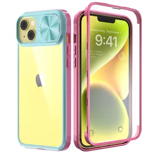 iPhone 13 and iPhone 14/iPhone 16e 2025, 6.1-inch case, all-around shock protection, built-in touch-sensitive scratch-resistant screen protector, ultra-thin design with soft bezels, full-coverage protection, pink + light blue.