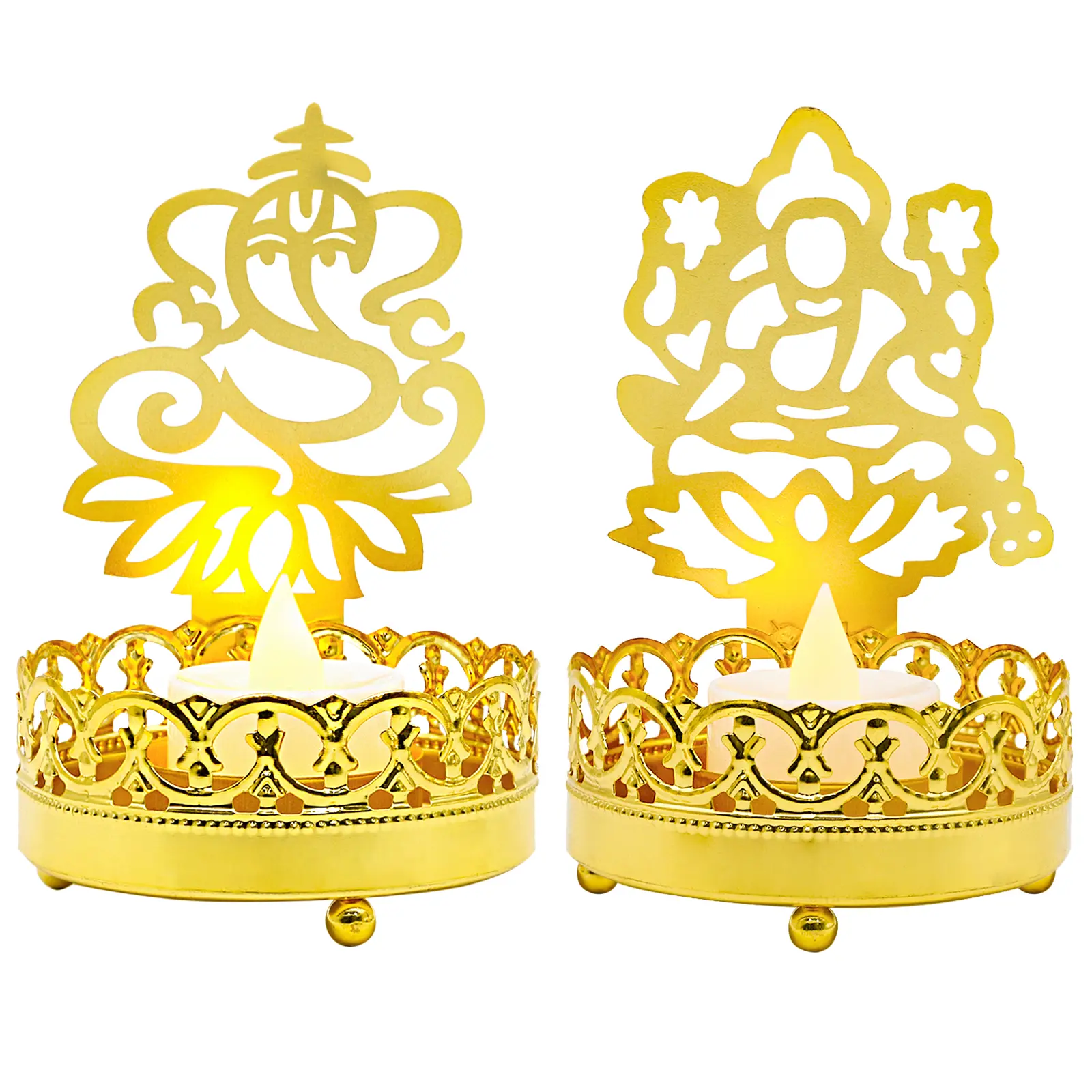 Metal Ganesha Lakshmi Shadow Diyas - Tea Light Candle Holders, Puja Murti Item, Home Office Temple Mandir Pooja Altar Decor, Room Decor, Gifts for Indian Friends