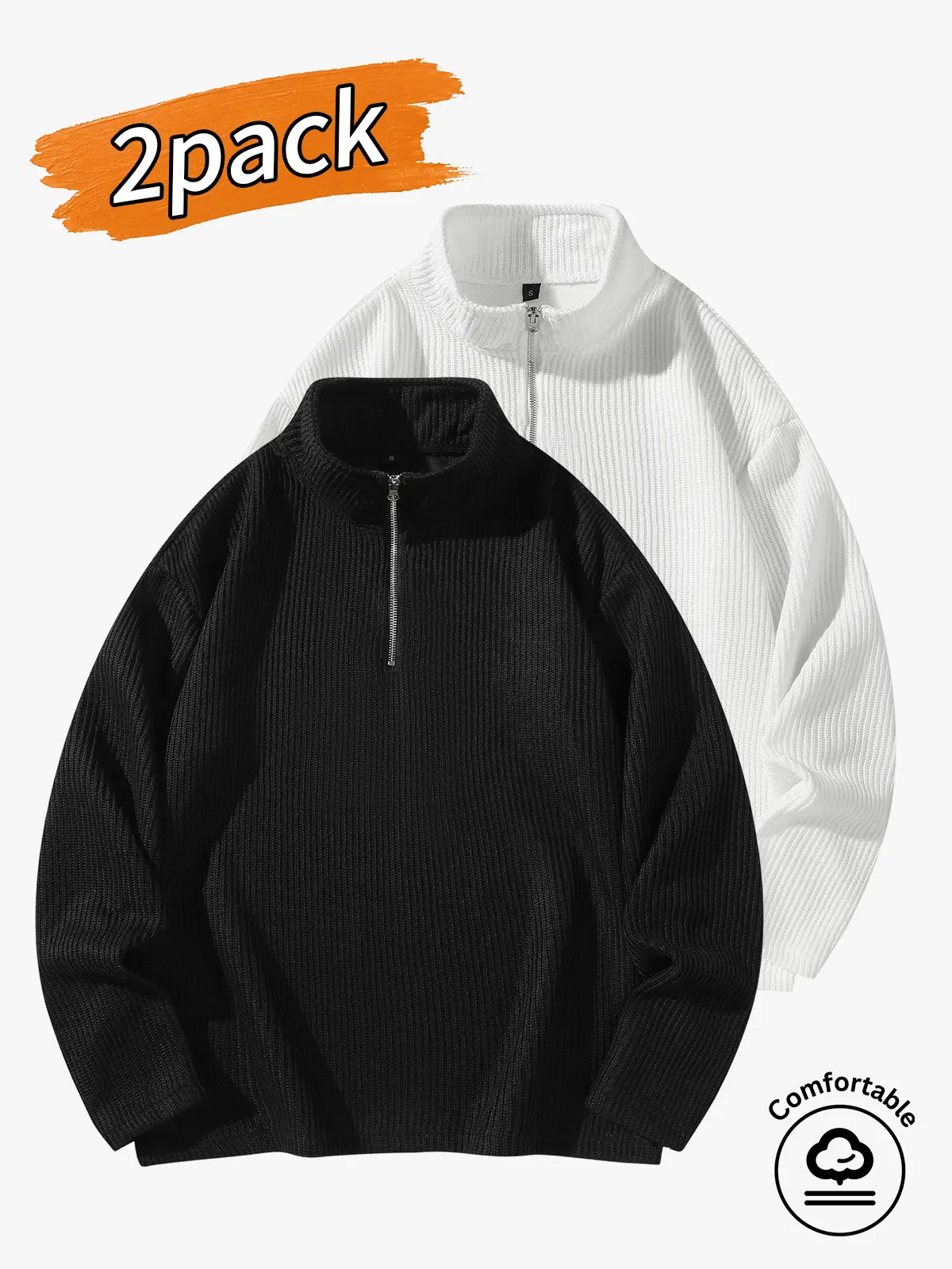 2-pack men's tops, men's casual long-sleeved sweaters, men's half-zip stand collar sweaters.Minimalist half-zip design with a slightly high neckline; the zipper allows you to freely adjust how open the collar is. A slightly loose yet fitted cut that isn’t