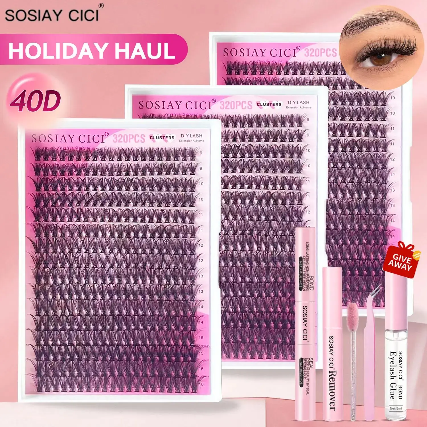 DIY Lash Extension Kit, 320 Pieces 40D Volume Lashes, Natural Look Individual Segments with Ultra-Thin Band, 9-16mm Mix, Includes Adhesive Bond, Seal & Tweezers, Volume Cluster Lashes