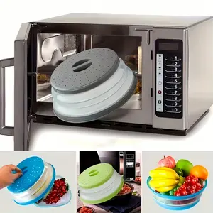 Breathable Foldable Microwave Splash Cover Lid, Steam Vent Splatter Guard for Home Kitchen Office Use, Multi-Purpose Food Cover for Microwave Heating, Vegetable Fruit Washing Colander and Storage Basket, Keep Microwave Clean, Prevent Oil Splatter